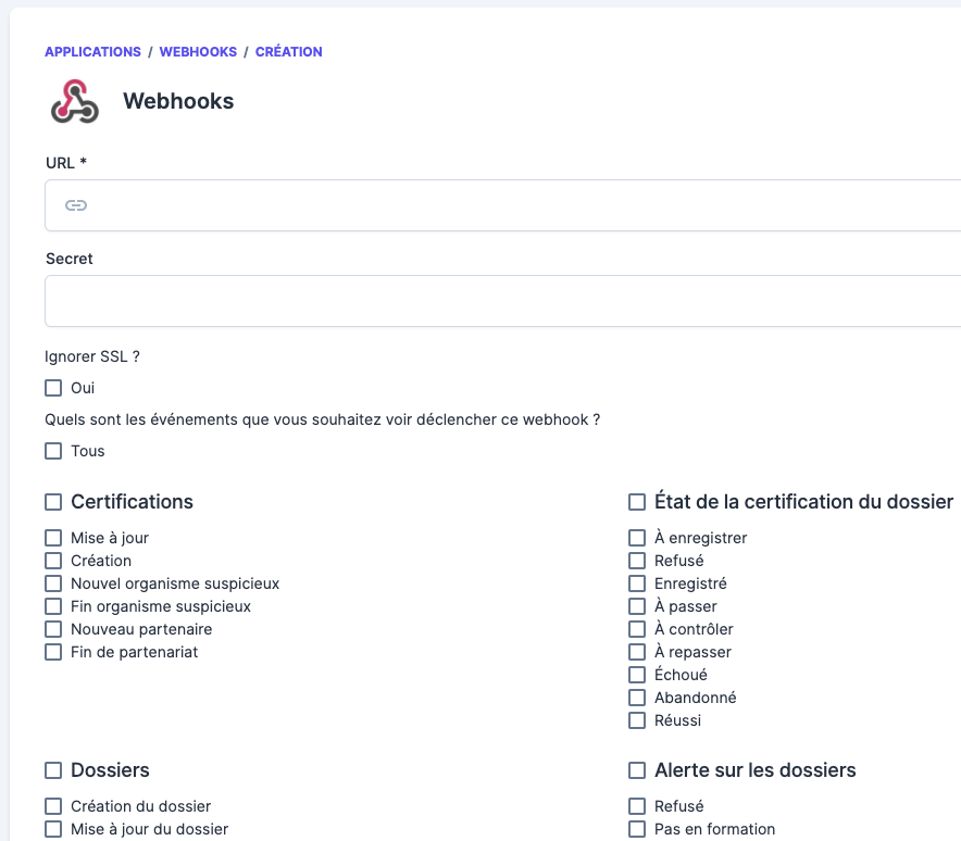 Formulaire de création de Webhook