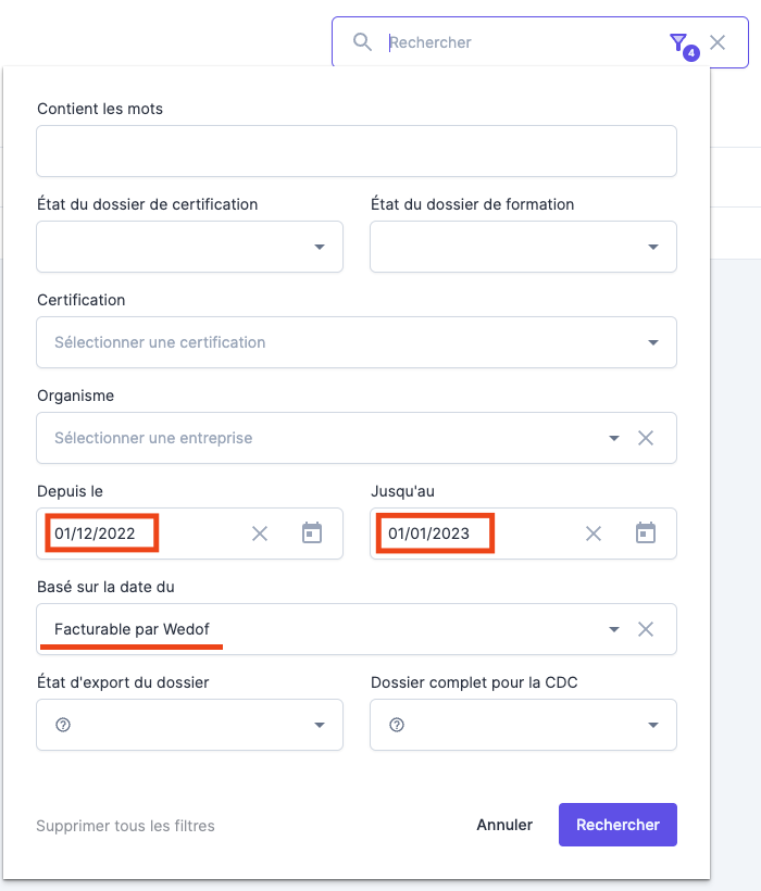 Capture d'écran des filtres de facturation